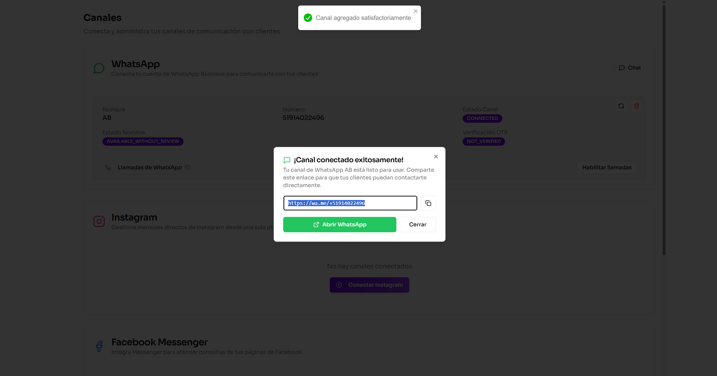 Mensaje de exito en Ventor despues de conectar WhatsApp