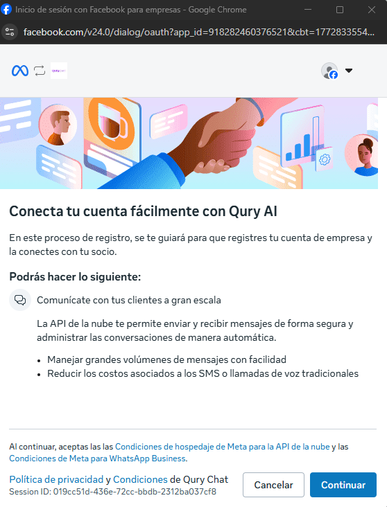 Pantalla de bienvenida de Meta para conectar WhatsApp con Ventor