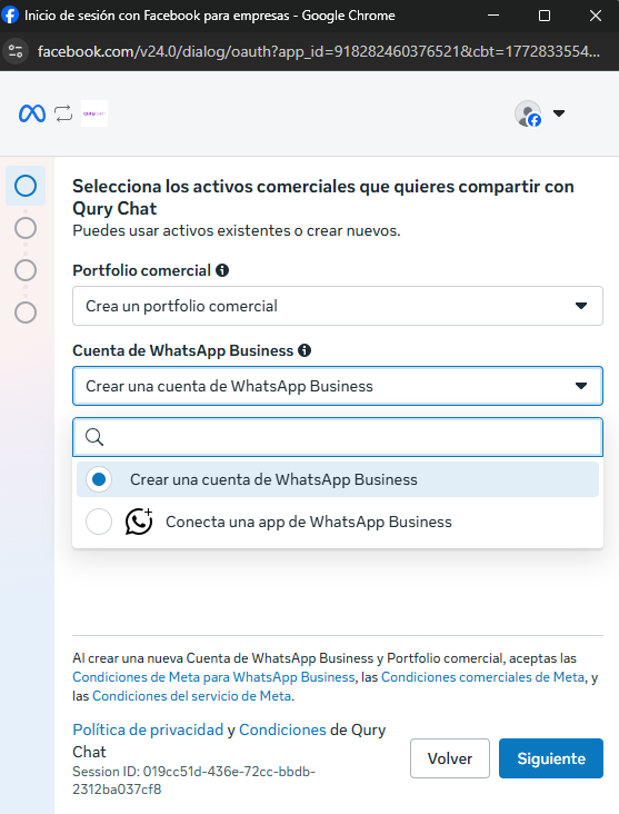 Seleccion de activos comerciales dentro del flujo de Meta