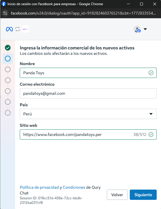 Formulario de Meta para configurar el activo comercial en coexistencia