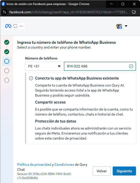 Pantalla de Meta para ingresar el numero ya vinculado a WhatsApp Business App