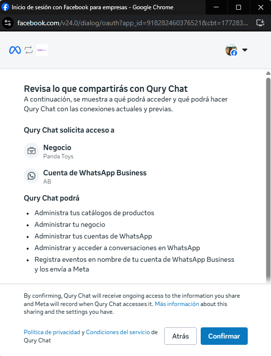 Pantalla de Meta confirmando la conexion con Ventor