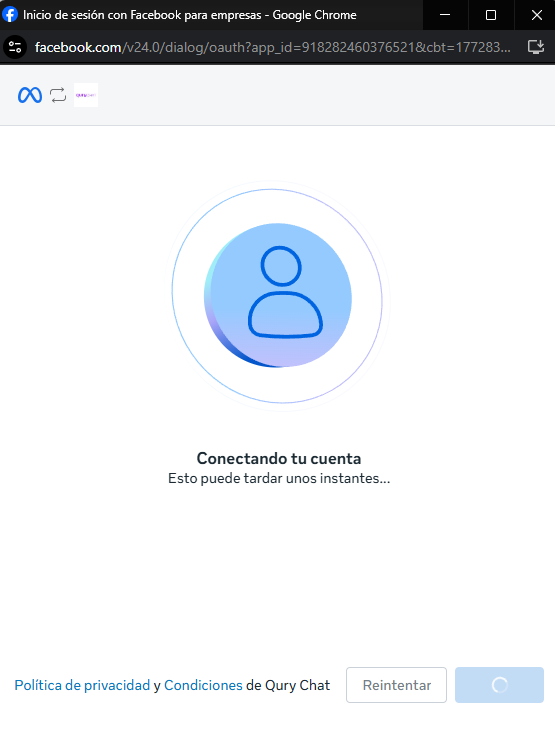 Pantalla de carga mientras Meta termina la vinculacion