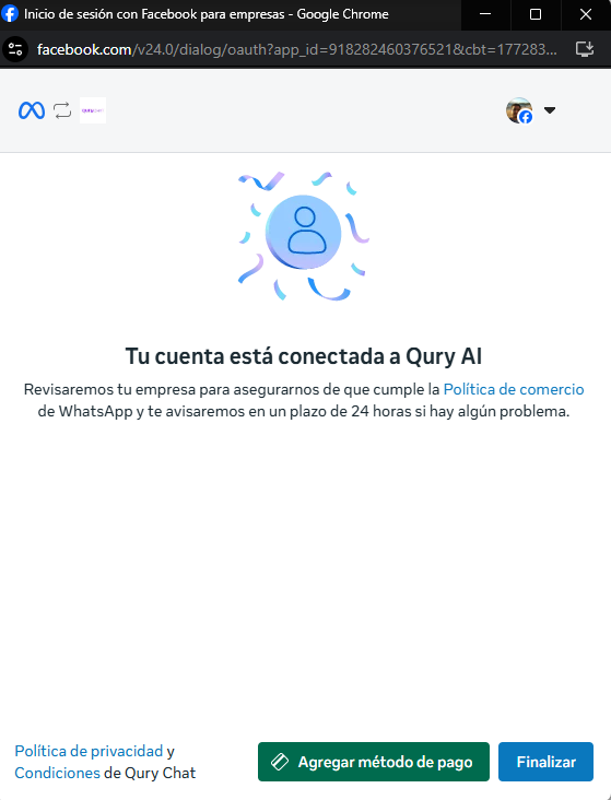 Pantalla de confirmacion final de Meta para la vinculacion de WhatsApp