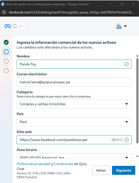 Formulario de Meta para completar la informacion del activo comercial