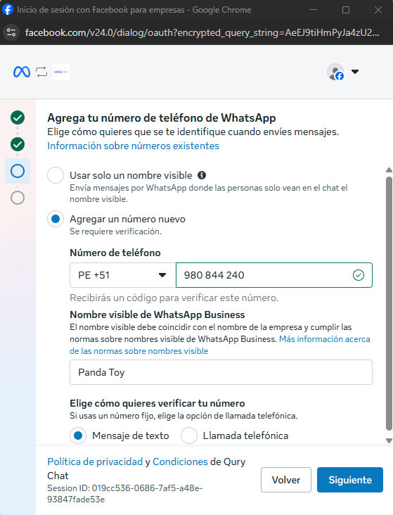 Pantalla para agregar un numero nuevo de WhatsApp Business