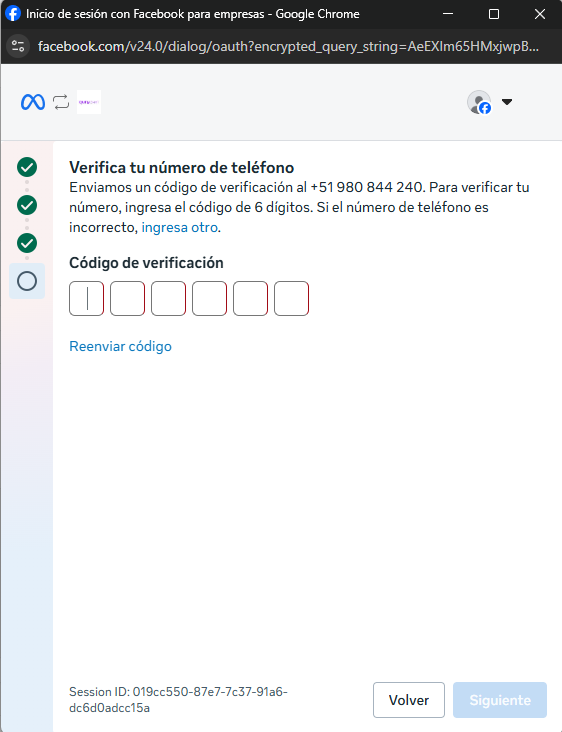 Pantalla de Meta para ingresar el codigo de verificacion por SMS