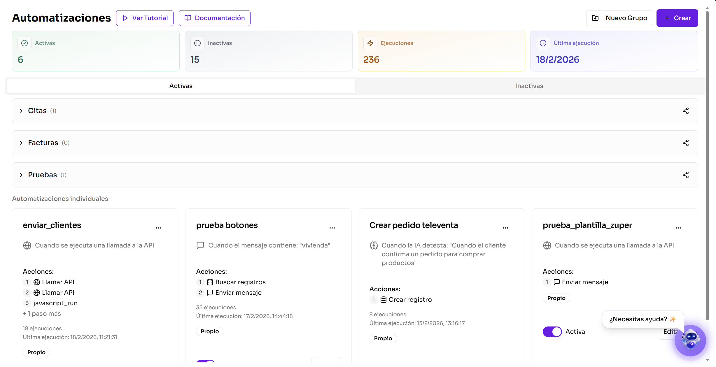 Panel de automatizaciones con metricas y lista