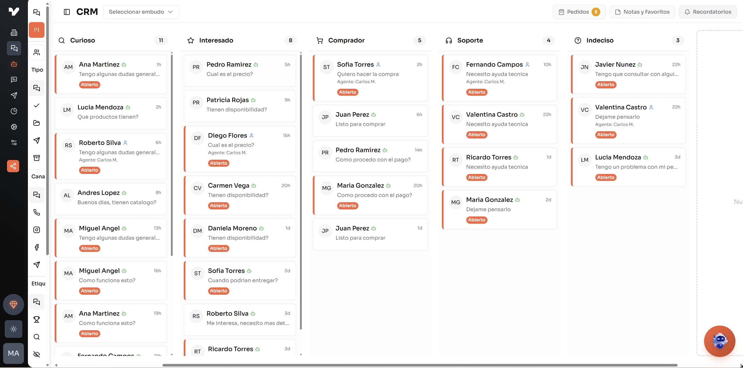 Vista kanban del CRM con columnas por etiqueta y tarjetas de chat