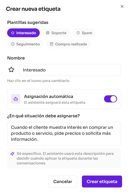Panel lateral del chat con sección de etiquetas y botón agregar