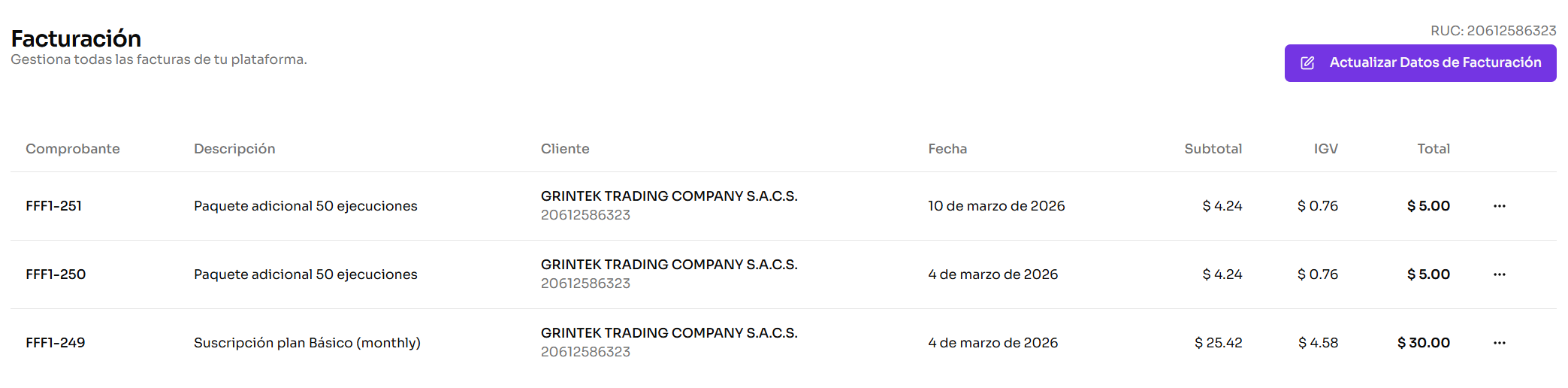Tabla de facturas con columnas de comprobante, descripción, fecha y totales