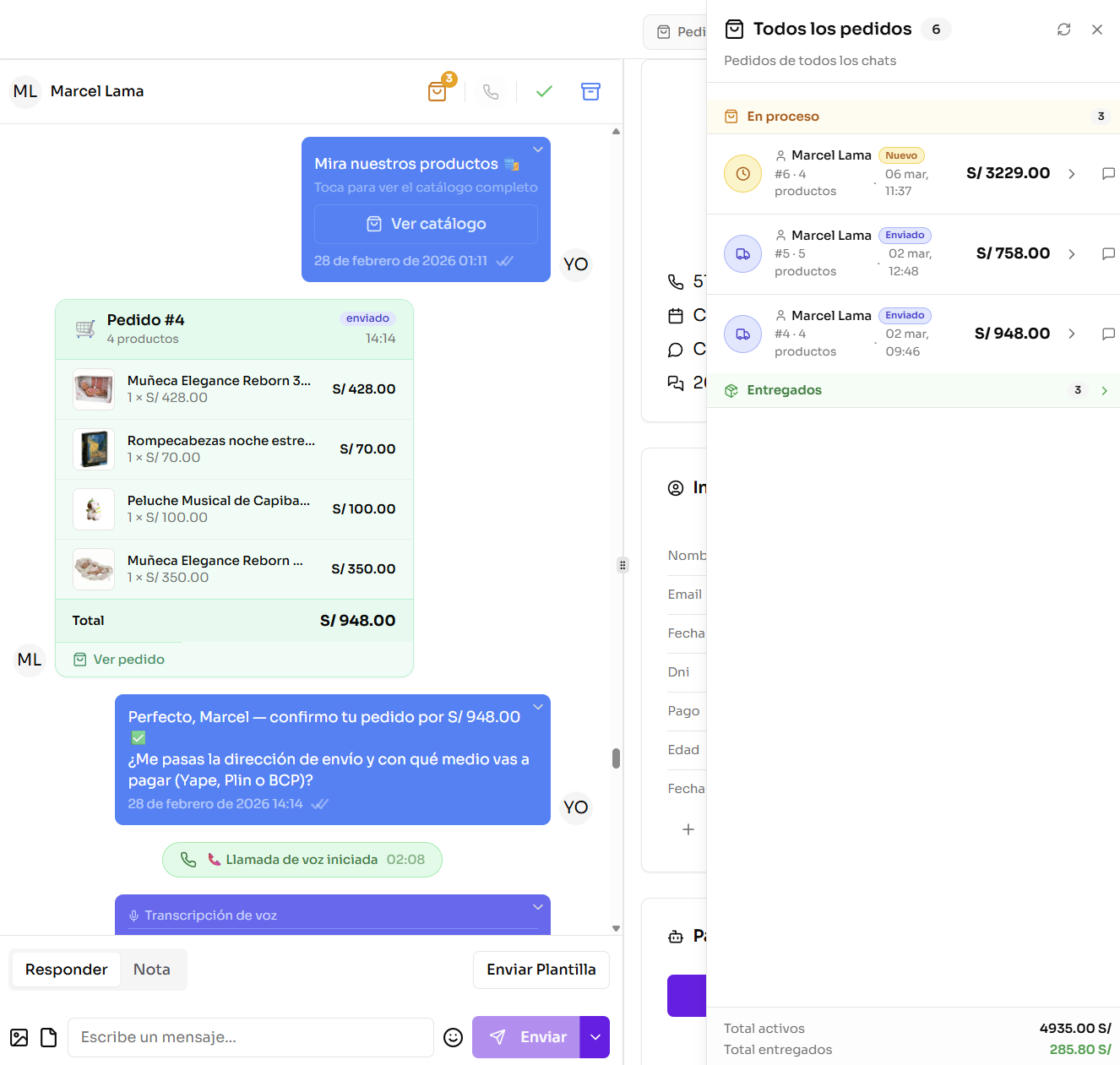 Lista de pedidos del cliente en el panel lateral del chat