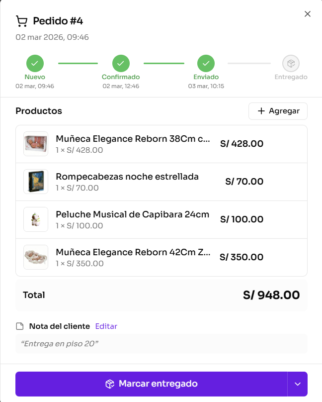 Detalle de un pedido con productos, total y acciones