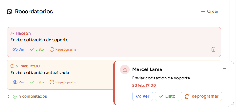 Tarjeta de recordatorios con fecha, hora y estado pendiente o vencido