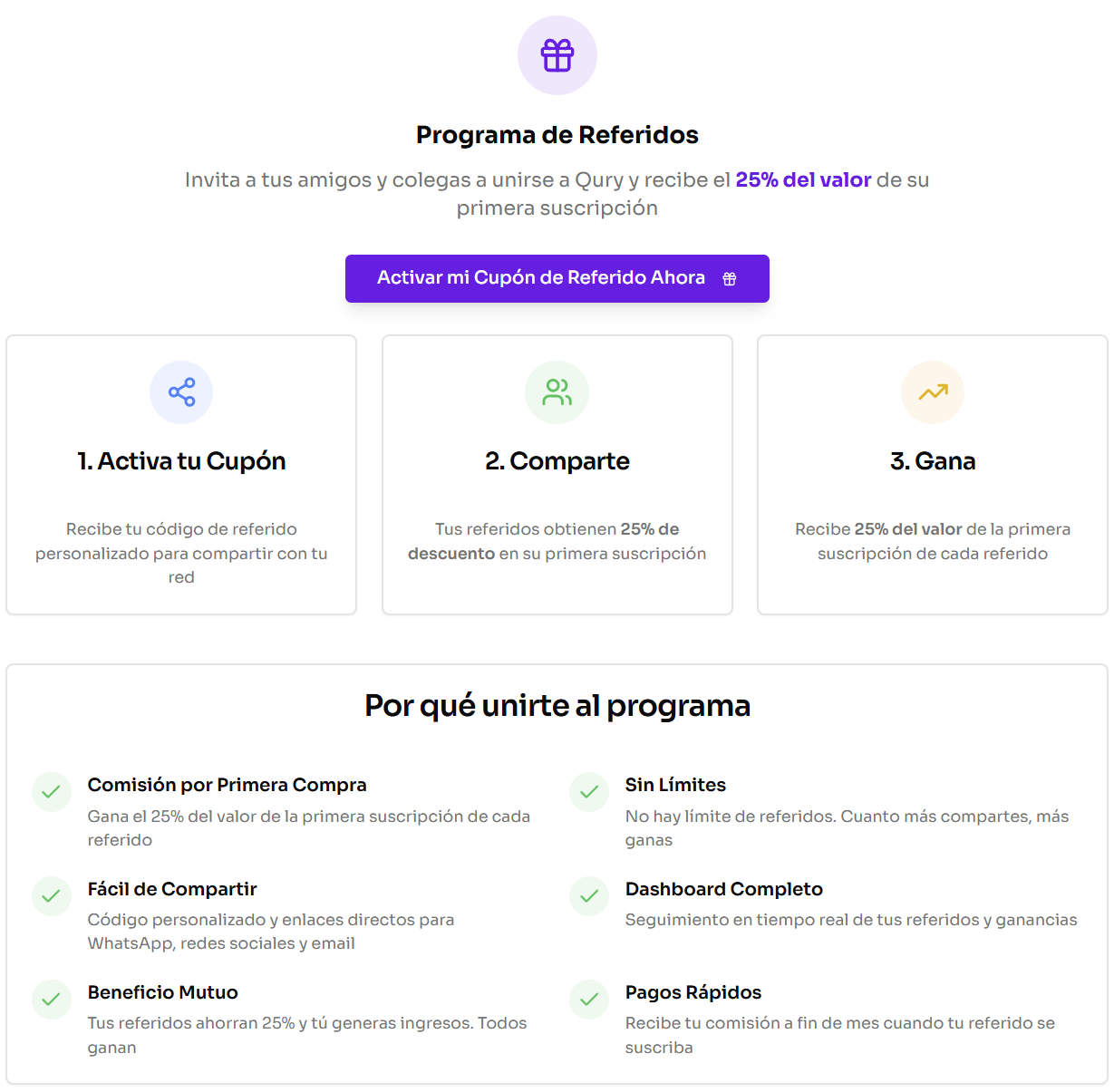 Pantalla de referidos con código, enlace de invitación y tabla de referidos registrados