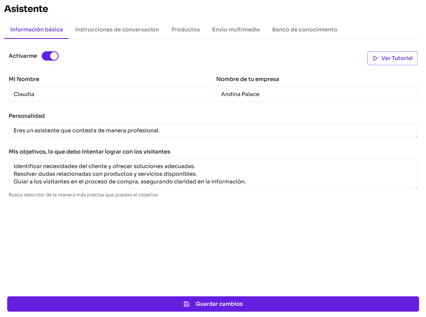 Tabs del módulo del asistente: Información básica, Instrucciones, Productos, Envío multimedia y Banco de conocimiento