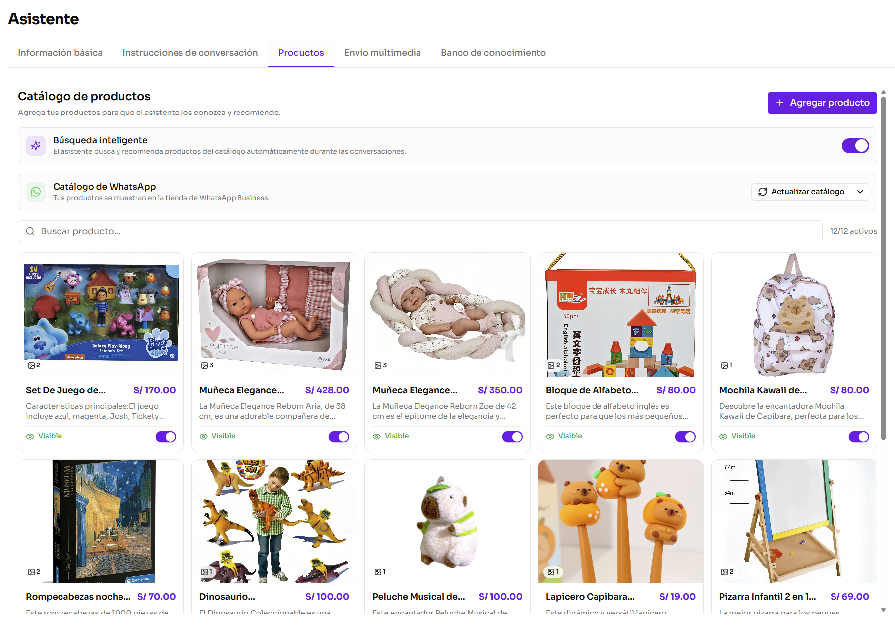 Módulo de productos con listado del catálogo y botón agregar producto