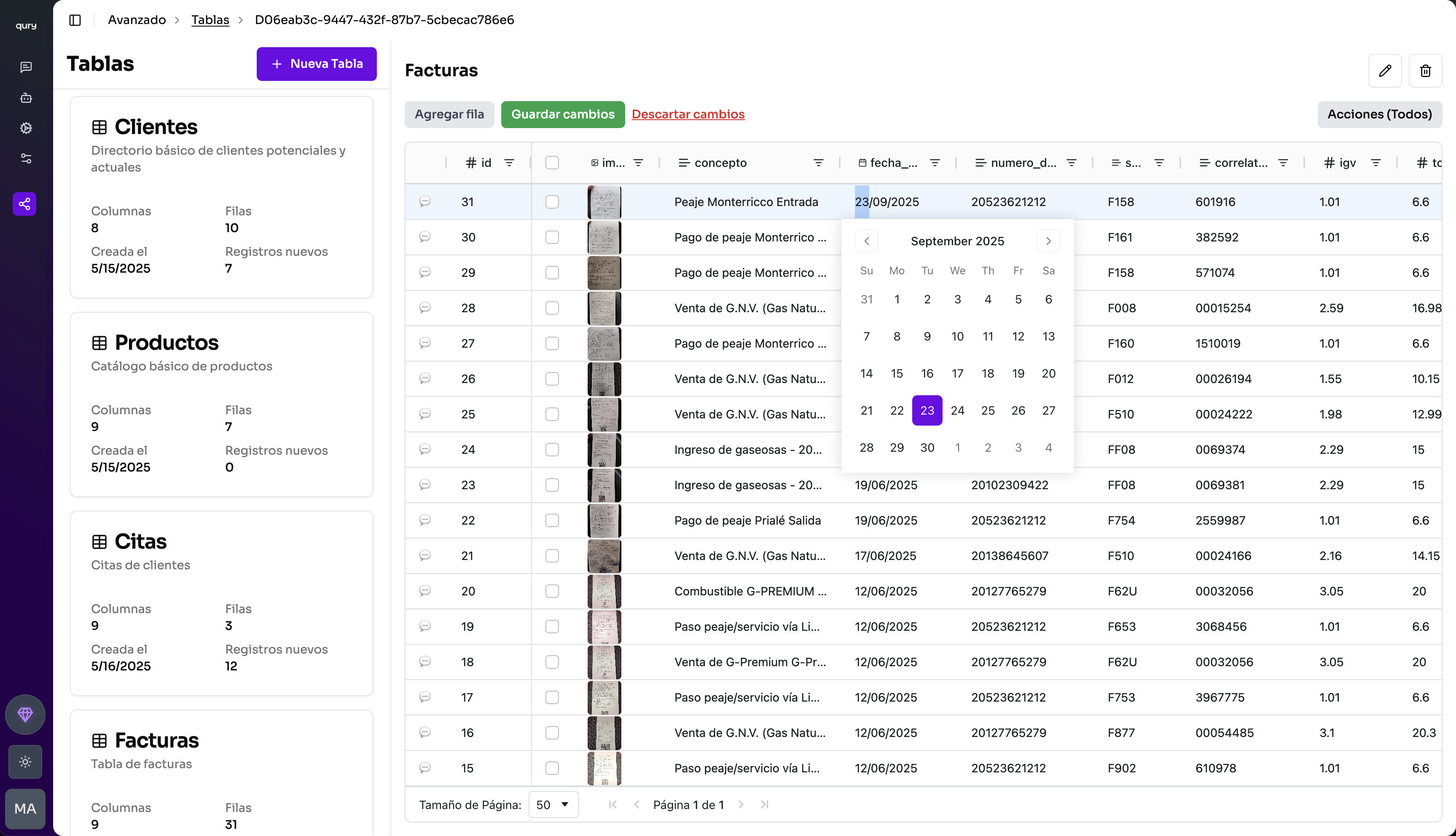Vista de tablas de datos con columnas y registros