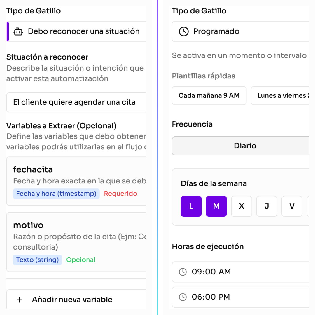 Configuración de gatillos mostrando los tipos disponibles
